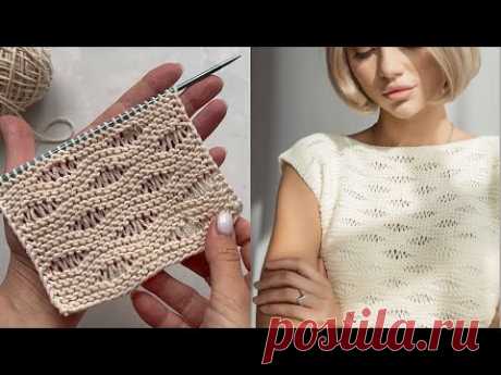 Красивый, простой, двусторонний узор спицами на основе платочной вязки! Узор Волна! Knitting pattern