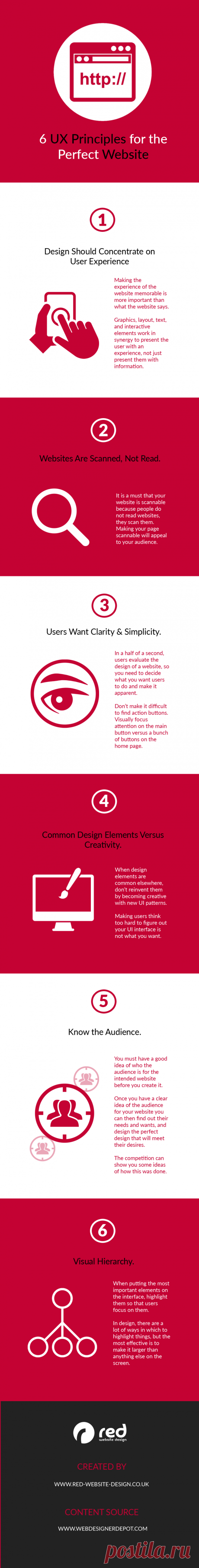 6 Design Principles for the Perfect Website 
Design should concentrate on user experience
Websites are scanned, not read
Users want clarity and simplicity
Common design elements versus creativity
Know the audience
Visual hierarchy