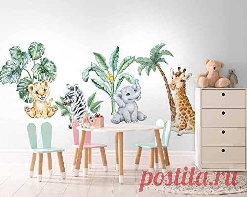 Amazon.com: Murwall Cute Safari Animal Wall Decal Kids Wall Decals Tropical Trees with African Animals Wall Decals : Handmade Products