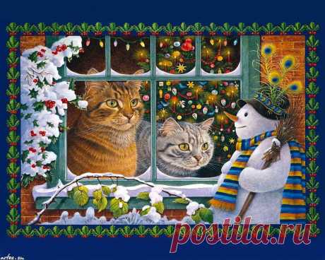 Скачать обои Праздники Lesley Anne Ivory, Новый год, кошки и снеговик на рабочий стол 1280x1024