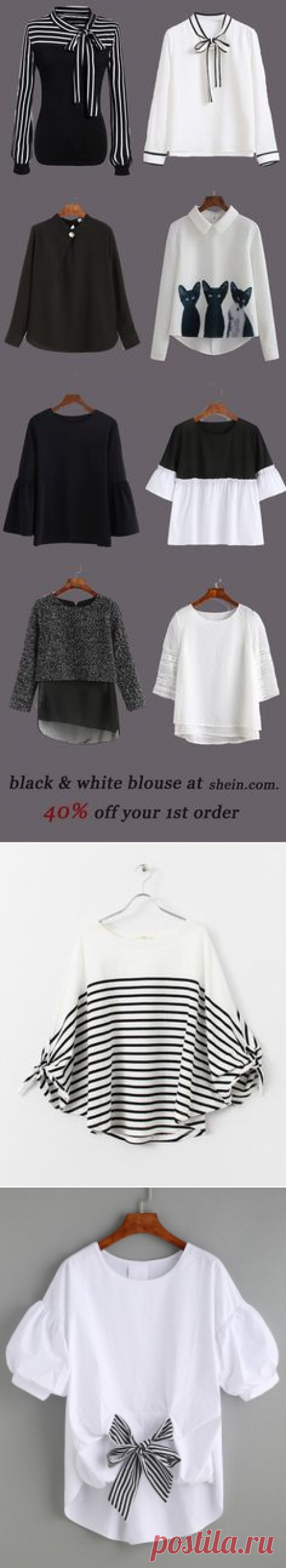 (48) White Striped Tie Front Puff Sleeve Blouse -SheIn(Sheinside)