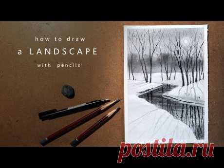 Как нарисовать зимний пейзаж | how to draw a winter landscape