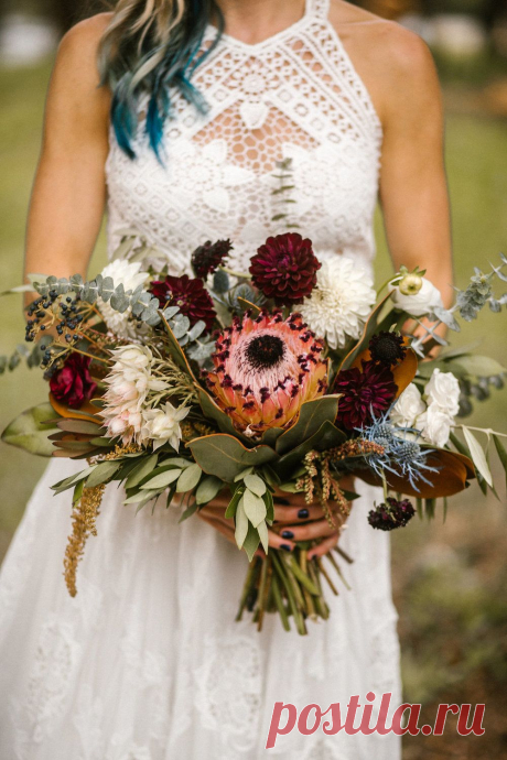 Flowers by Lace and Lilies, white, burgundy, blue bouquet with pink protea, dahlia, thistle, magnolia, blushing bride and amaranthus. Mountain wedding. Blue hair