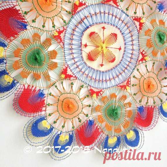 Ñandutí Handmade Lace Home Decor Wall Art Doily - Yellow, Green, Blue, Red, Orange (27cm.) Paraguayan Embroidered Lace Nanduti Sol Lace Bring a pop of color to your space with this amazing work of art.  Use the Ñandutí as window decoration, as a wall decor, or use it under a vase or bowl as an accent in table centerpieces. It’s also a great gift for family and friends.  DETAILS Material: cotton Color: yellow, green, blue, red,