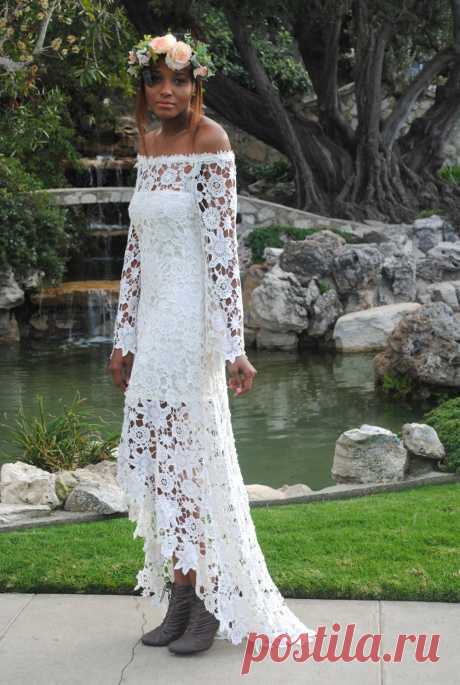 High Low Lace BOHEMIAN WEDDING DRESS Off Shoulder Crochet | Etsy