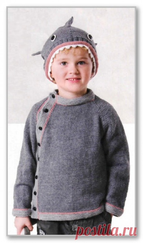 Вязание детям спицами. Фотогалерея моделей для детей от 0 до 3 лет. Пуловер-реглан с боковой застежкой и шапочка-Акула, для мальчика 1 (2, 3, 4) года