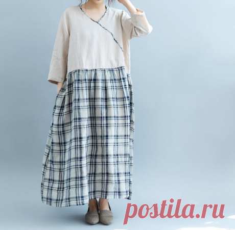 Linen long dress, summer dress, Maxi dress for women, short sleeve dress, minimalist dress 【Fabric】 Linen 【Color】 beige grid, navy blue grid 【Size】 Shoulder 40cm / 16 Sleeve 42cm / 16.4 Bust 112cm / 43 Length 125cm / 49   Have any questions please contact me and I will be happy to help you.