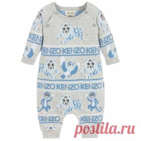 Organic Cotton Knitted Romper Boys super soft Kenzo Kids romper, made from knitted organic cotton. This grey babysuit has a cute blue animal and logo print. To help with dressing there are button fastenings on both shoulders and between the legs.
