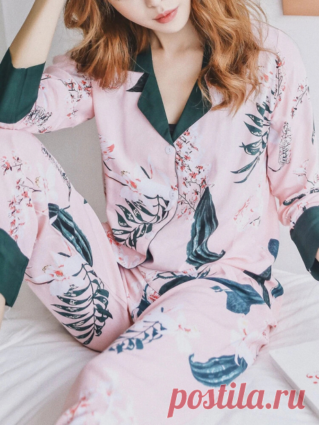 Women Floral Print Revere Collar Long Sleeve Button Up Shirt Loose Pants Home Ca - US$27.99