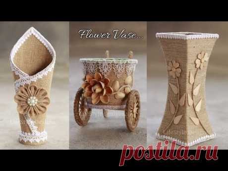 Simple Jute Flower Vase Craft Ideas with jute, cardboard, pistachio shells and ice cream sticks