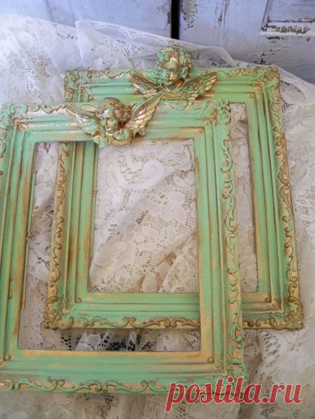 Vintage green ornate frames adorned with cherubs shabby chic wall decor Anita Spero