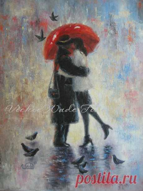 Kiss After Work Art Print lovers in rain wall by VickieWadeFineArt