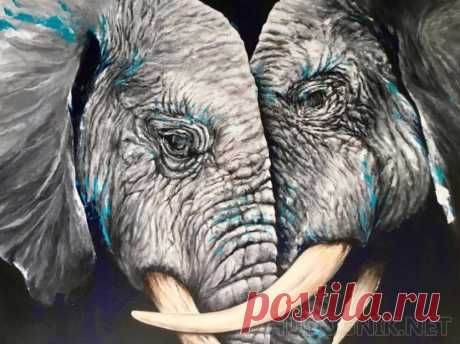 Картина Два слона в гармонии. Размеры: 100x80, Год: 2020, Цена: 76000 рублей Художник Андреева Кристина Андреевна