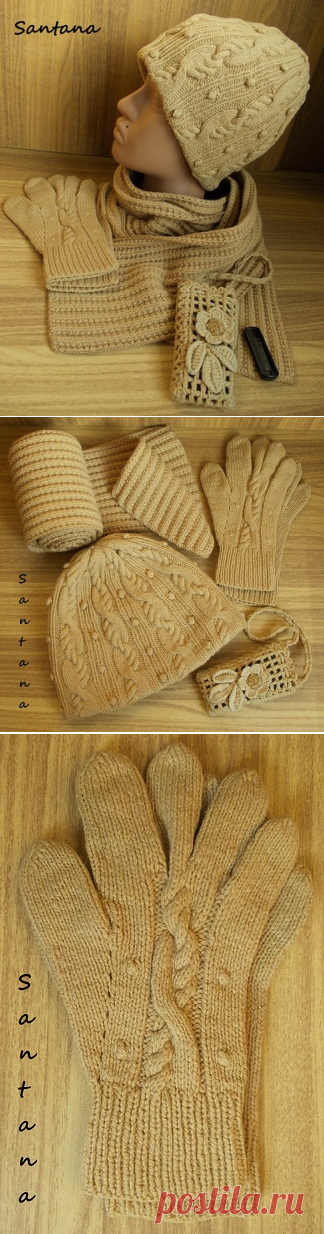Бежевый комплект (шапочка, шарф и перчатки спицами + чехол для телефон ...