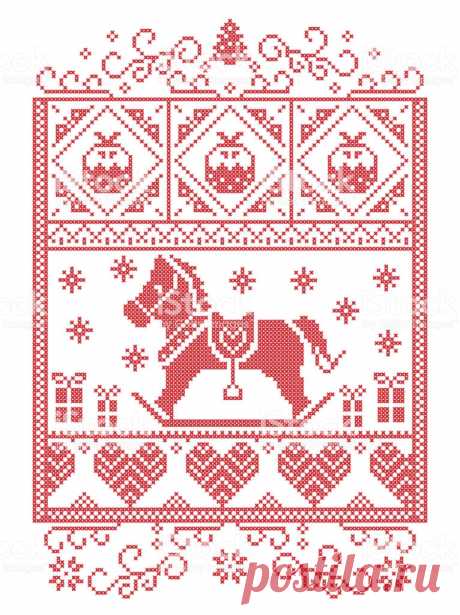 Elegant Christmas Scandinavian Nordic Style Winter Stitching Pattern Including Snowflake Heart Rocking Horse Christmas Tree Christmas Present Snow In Red White In Decorative Rectangle Frame — стоковая векторная графика и другие изображения на тему Лошадь 860770638 | iStock