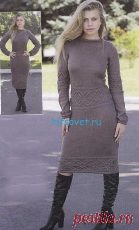 Вязаное платье с длинными рукавами - Хитсовет Вязаное платье с длинными рукавами. Вам потребуется: 500г пряжи серого цвета (100% кашемир, 300м/100г), круговые спицы №3.