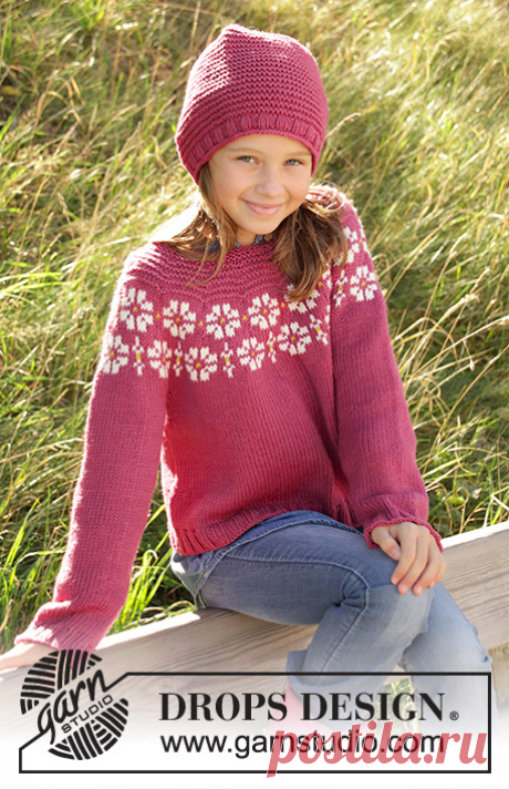 Daisy Delight / DROPS Children 34-7 - Free knitting patterns by DROPS Design Knitted jumper for children in DROPS Merino Extra Fine, DROPS Lima and DROPS Cotton Light. The piece is worked top down with flowers, coloured pattern, garter stitch and stocking stitch. Sizes 3-12 years.