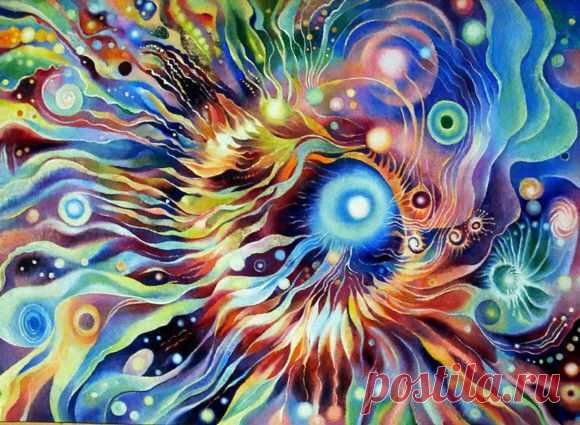 Александр Климов "Рождение Вселенной" -
"ОплодоТВОРЕНИЕ вселенской яйцеКЛЕТКИ плазмой Мысли", картон, масло.