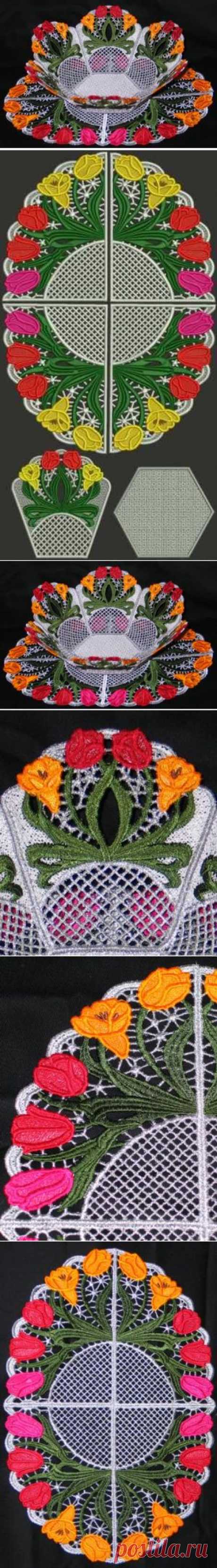 Advanced Embroidery Designs - Tulip Bouquet Bowl and Doily Set