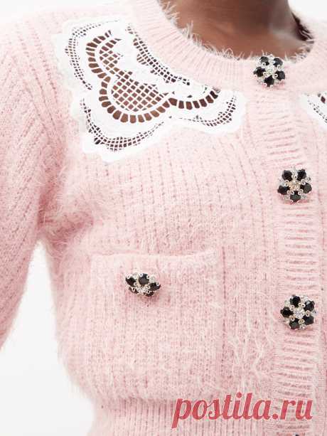 Pink Crystal-button lace-insert cardigan | Self-Portrait | MATCHESFASHION US