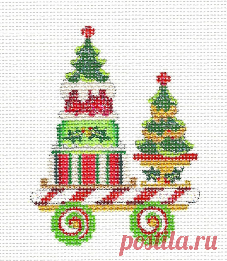 Train~Santa Express Festive Cake Car handpainted Needlepoint Canvas~by Strictly Christmas Christmas Cake &amp; Tree Train Car Ornament, hand painted on 18 mono mesh canvas. Design is approx. 3" by 3.75" with generous B/G canvas. Stitch all 6 Canvases in the series to complete the Train.