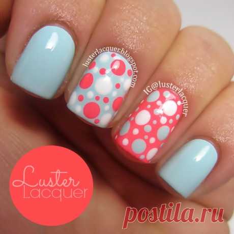 Luster Lacquer: Soft Blue &amp; Coral Polka Dots