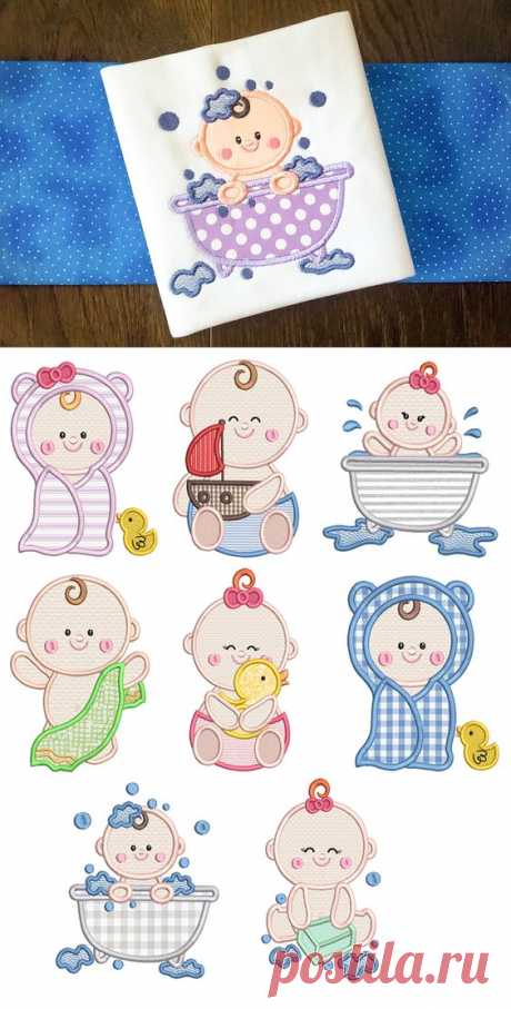 $6 · Designs by JuJu Exclusive 4 sizes included: 4x4, 5x7, 6x10 and 8x8 8 precious bath time babies in applique!