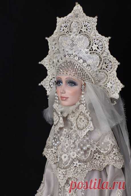 (91) A porcelain doll in a stylized Russian outfit. The outfit and the headdress &quot;Kokoshnik&quot; are made of lace and decorated with artificial pearls. #fol…