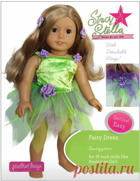 Pixie Faire Stacy and Stella Fairy Dress Doll Clothes Pattern for 18 inch American Girl Dolls - PDF Bring a little magic into your dolls life with this cute fairy outfit. Combine pretty shades of tulle in your favorite color combinations and adorn them with sequins, glitter and flowers to create a truly enchanted look!    Supplies Needed:  • 1/4 yard of stretch velvet for bodice  • 17” x 6” piece of lining fabric for the skirt  • 1/4 yard of each of your colored tulle (I’v...
