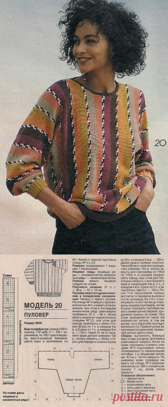Женский пуловер в полоску связанный в поперечном направлении