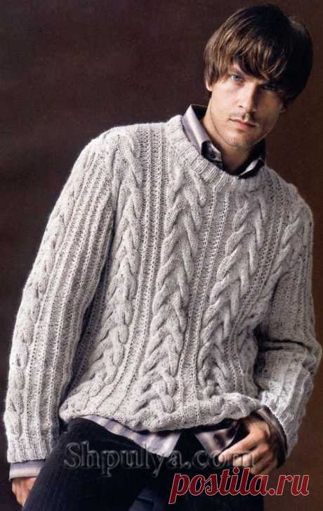 Мужской пуловер с узором из кос.
Размер: 46-52.