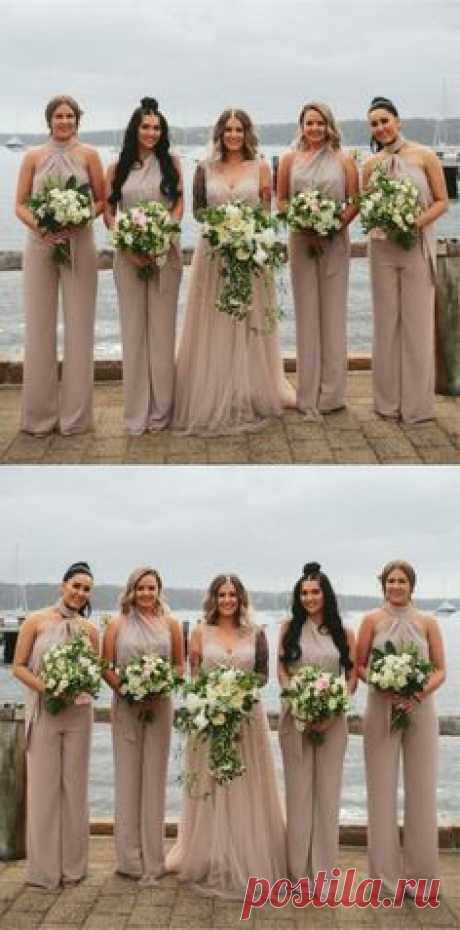 simple champagne bridamaid jumpsuit for bridal parties, elegant halter long birdesmaid dresses #wedding #bridesmaids