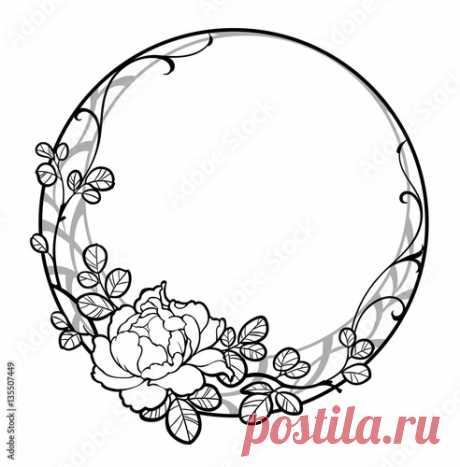 Decorative Round Frame With Peony Rose Flower. Black And Grey Line Art  2B4 Download Decorative round frame with peony rose flower. Black and grey line art on white background. Can be used for decorate postcards, tattoo, engraving, etch