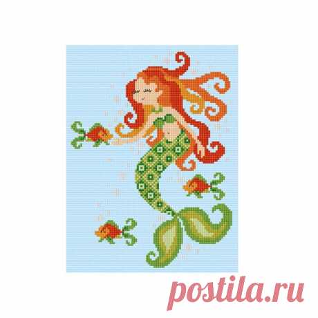 Mermaid - Durene J Cross Stitch Pattern - DJXS2204 A cross stitch chart a mermaid with her little fish friends. Shown here on blue fabric, the background of the design is not sewn.  Chart specs. • stitch count - 120 x 90 stitches • finished size - 8.6 in x 6.4 in / 21.8 cm x 16.3 cm  when sewn on 14 count aida • stitches used - whole cross stitch