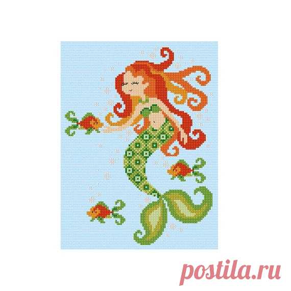 Mermaid - Durene J Cross Stitch Pattern - DJXS2204 A cross stitch chart a mermaid with her little fish friends. Shown here on blue fabric, the background of the design is not sewn.  Chart specs. • stitch count - 120 x 90 stitches • finished size - 8.6 in x 6.4 in / 21.8 cm x 16.3 cm  when sewn on 14 count aida • stitches used - whole cross stitch