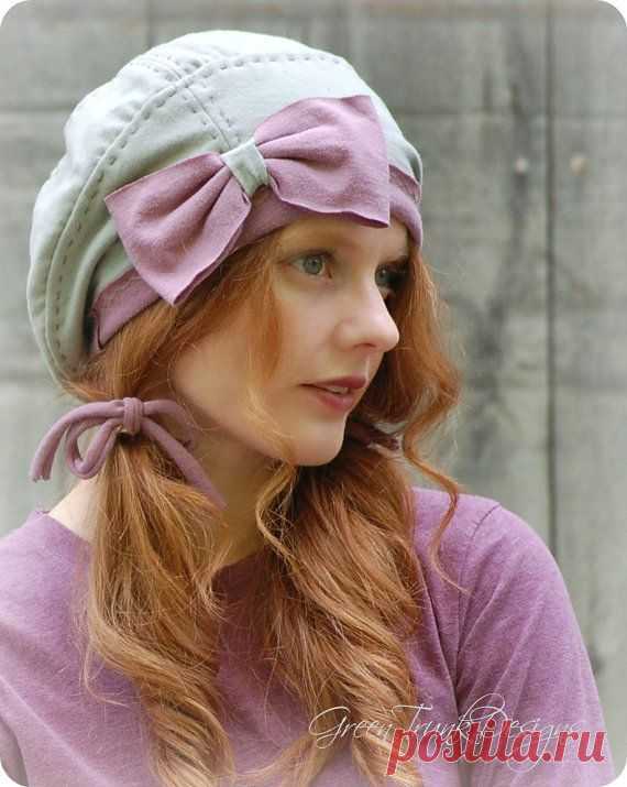 Slouch Beanie Hat in Seafoam Green with Large Purple Bow