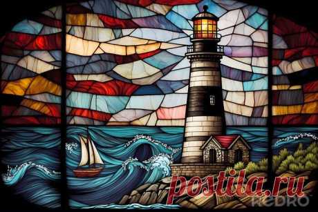 Stained glass lighthouse design - generative ai - Naklejki - Redro Stained glass lighthouse design - generative ai na obrazach Redro. Najlepszej jakości naklejki, fototapety, obrazy, plakaty, poduszki, tapety. Chcesz ozdobić swój dom? Tylko z Redro