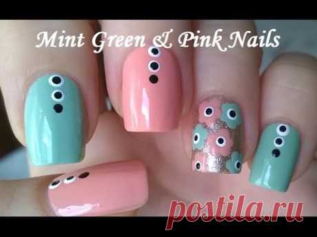 Mint Green, Pink &amp; Gold Flower Nail Art - Easy PASTEL NAILS For Summer