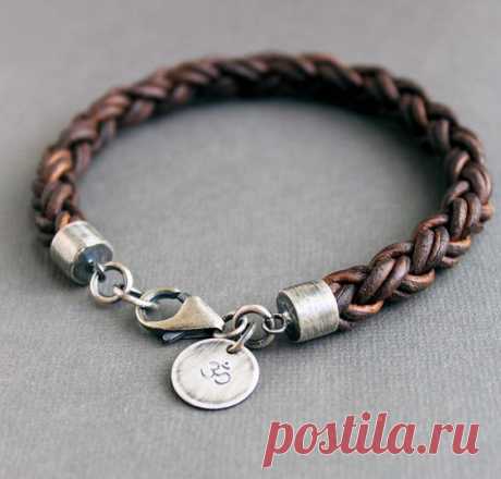 Mens Braided Leather Bracelet Thick Brown Sterling Silver