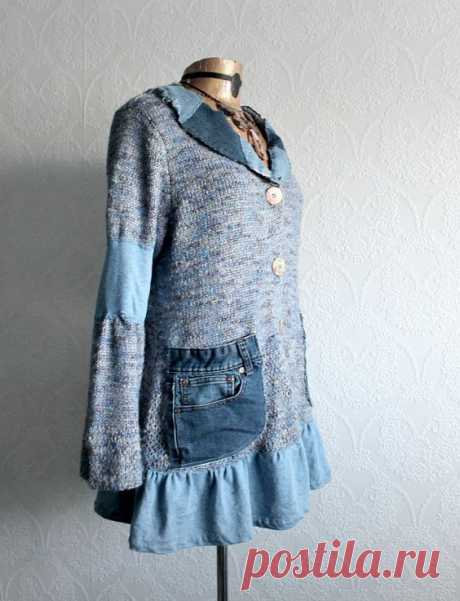 (150) Denim Blue Upcycled Sweater Long Cardigan by BrokenGhostClothing | denim góra