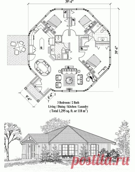 Topsider Homes Online House Plan: 1295 sq. ft., 3 Bedrooms, 2 Baths, Patio Collection (PT-0523) by Topsider Homes.