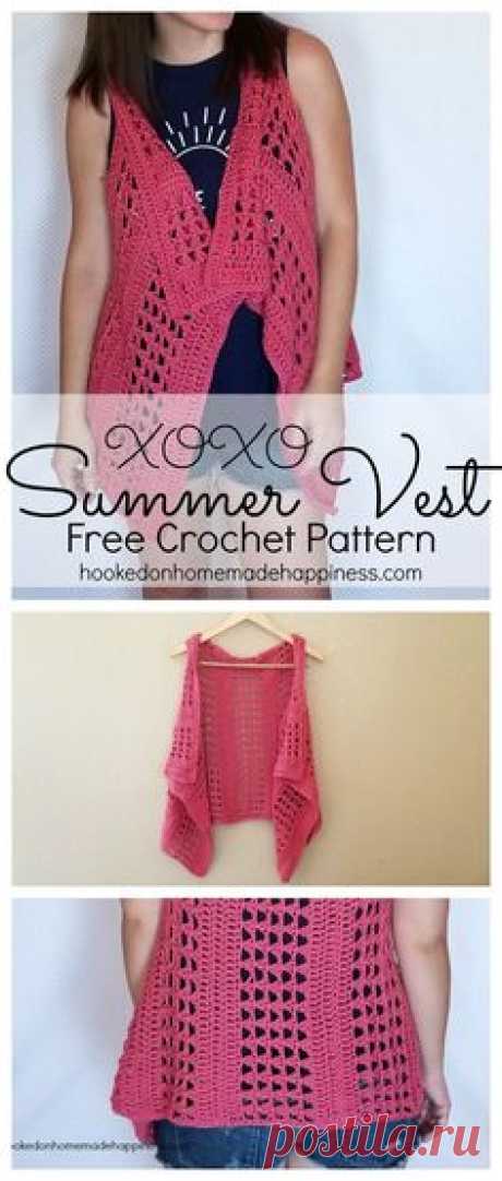 Add this vest to your summer wardrobe for a fun accessory! The cotton yarn makes it light and a great project for warmer months. I used the “X’ stitch. It has an open, airy design, and creates a nice textured piece. The vest is just one big rectangle with armholes. It’s fitted along the back, but is pretty and flowy in the front. I wanted to keep everything easy-peasy and because there isn’t any decreasing along the neckline, it hangs a little bit. But by folding over the neckline like a coll...