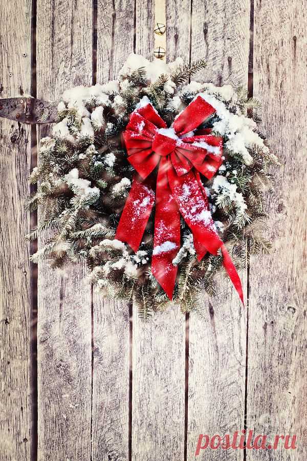 Christmas Wreath On Barn Door by Stephanie Frey