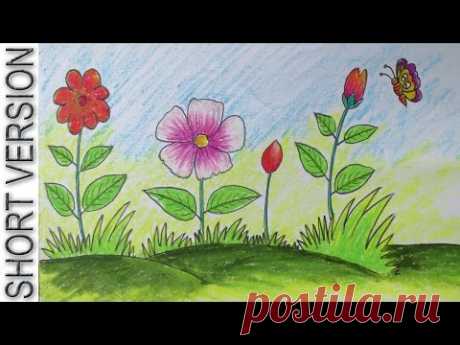 How to Draw a Scenery with Flowers for Kids [Short Version]