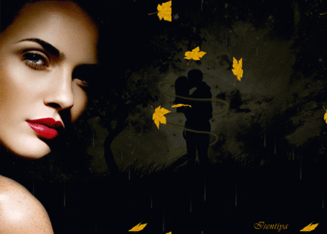 Гиф анимация Красивая девушка на фоне влюбленной пары стоящей под дождем и падающими желтыми листьями