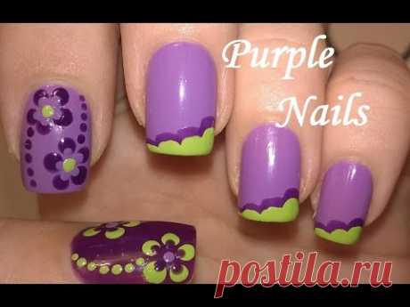 Purple &amp; Green Nail Art - Easy Flower Nails &amp; No Tools French Manicure Idea