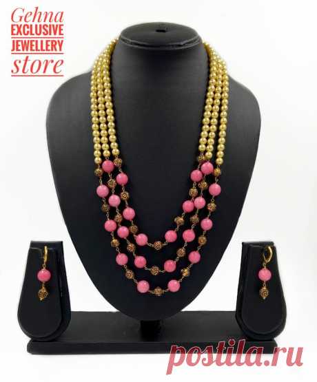 Buy Pink Jade Triple Layer Online made with semi precious beads by Gehna Shop. Latest designer collection of 2021 for weddings.