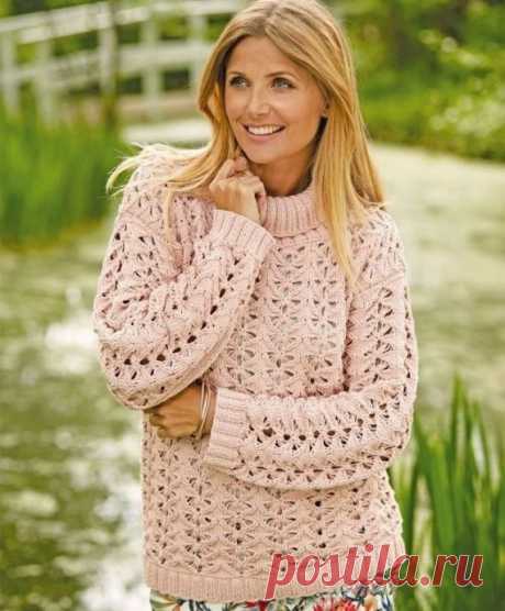 Розовый ажурный свитер Розовый ажурный свитер. Узор на этом свитере напоминает мириады ажурных бабочек, нежность которых подчеркнута резинкой планок и воротника.РазмерыS/M (М/L) L/XL