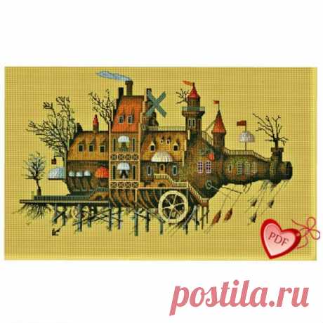 Flying House Cross Stitch Picture, Bottle Cross Stitch Pattern, Cross Stitch Fantasy, Cross Stitch Fairy Pattern, Xstitch, Flying Ship Art Absolutely fantastic flying house, flying residential ship. Hand-made cross-stitch pattern in a trendy steampunk style. Despite the apparent complexity and many small details, embroidery is performed quite easily only with full crosses. In cross-stitch, all other seams are missing: backstitch,