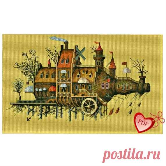 Flying House Cross Stitch Picture, Bottle Cross Stitch Pattern, Cross Stitch Fantasy, Cross Stitch Fairy Pattern, Xstitch, Flying Ship Art Absolutely fantastic flying house, flying residential ship. Hand-made cross-stitch pattern in a trendy steampunk style. Despite the apparent complexity and many small details, embroidery is performed quite easily only with full crosses. In cross-stitch, all other seams are missing: backstitch,